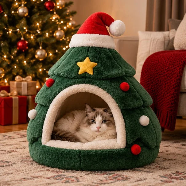 Cat resting inside the tree bed in a living room