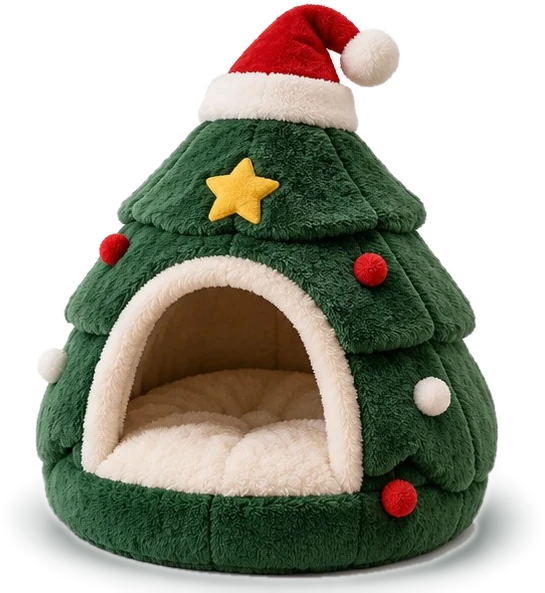 The Purr Tree, a plush Christmas tree cat bed with a Santa hat